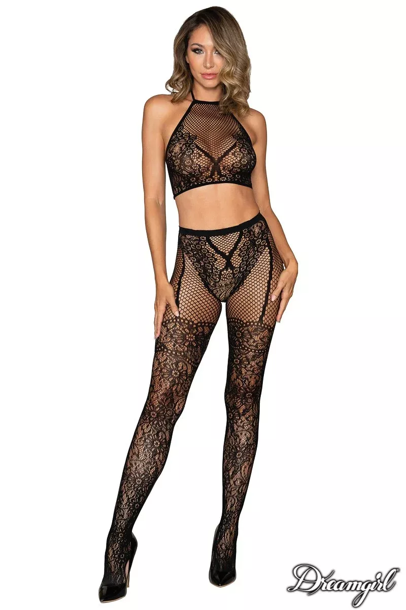 2Pc Lace Embroidery Bodystocking Set