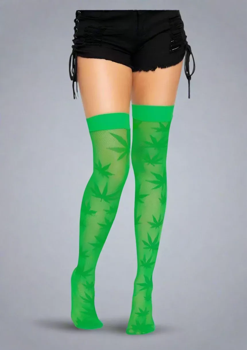 420 Net Thigh Highs with Unique Pot Leaf Design - Vibrant Green Style Statement