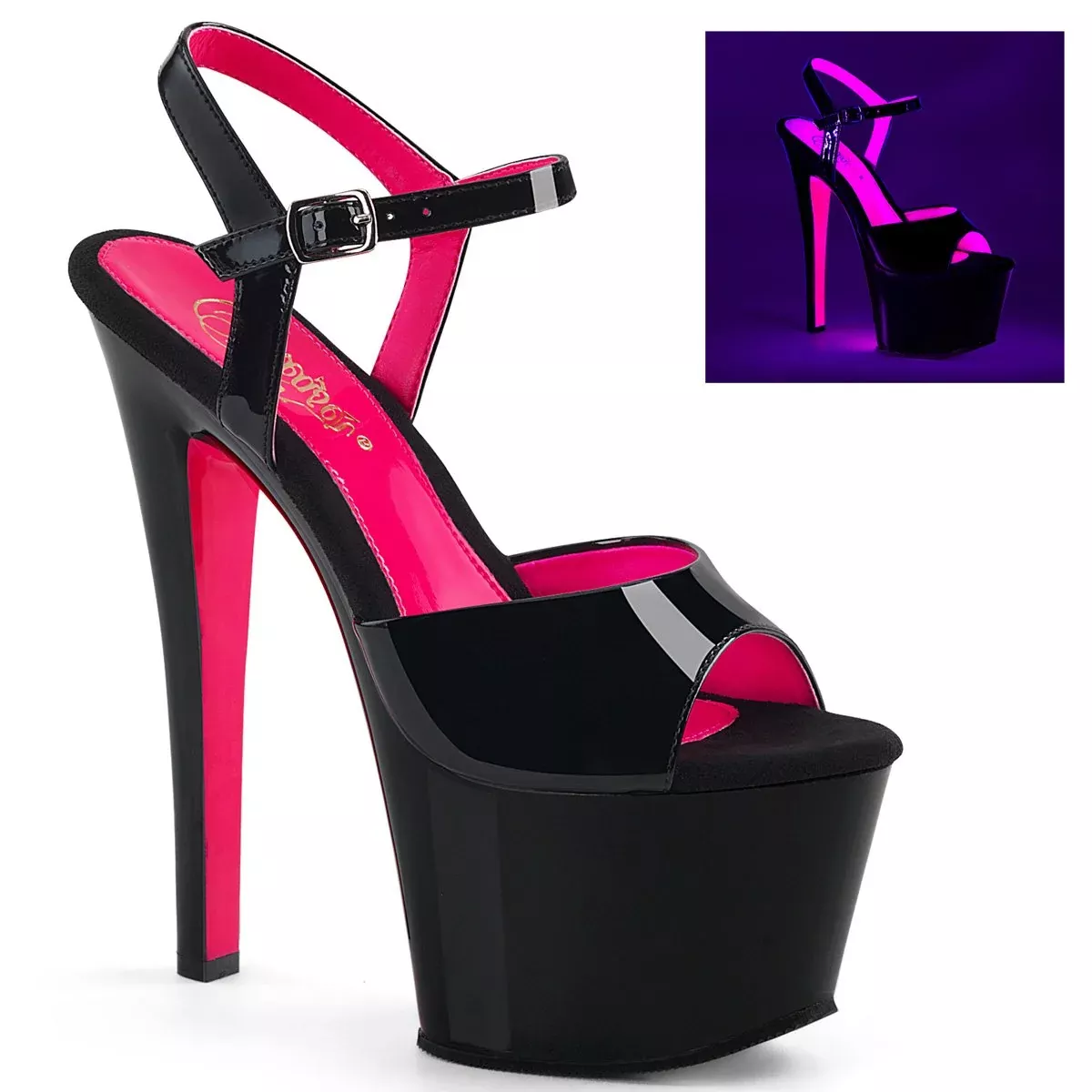 7" (178mm) Heel, 2 3/4" (70mm) Platform two tone ankle strap sandal