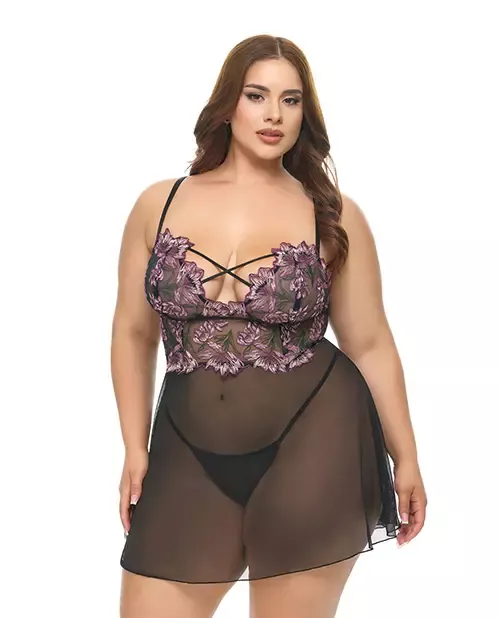 Adela Embroidered Lace and Mesh Babydoll with G-String Set - Black/Pink