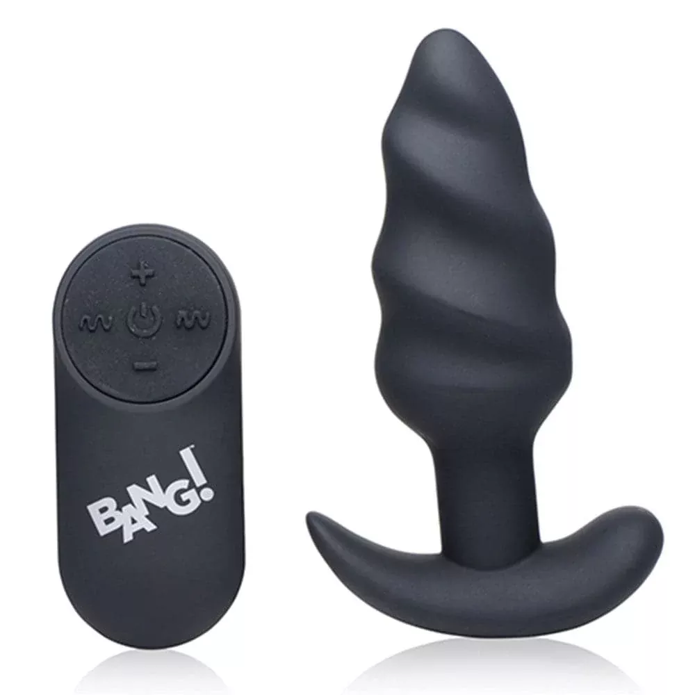 Bang! 21x Vibrating Silicone Rechargeable Swirl Butt Plug - Remote Control - Black