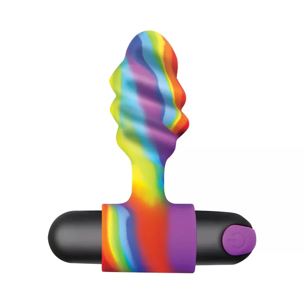 Bang! Vibrating Silicone Rechargeable Swirl Butt Plug- Rainbow Multicolor