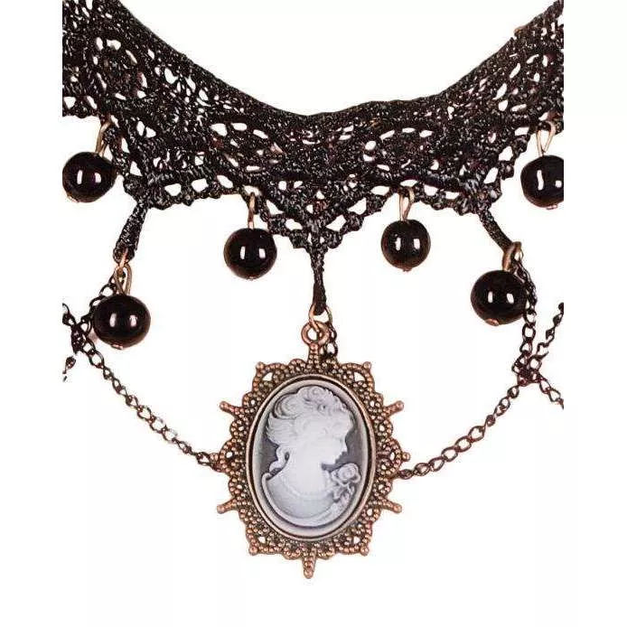 Black Thick Lace Cameo Pendant Choker