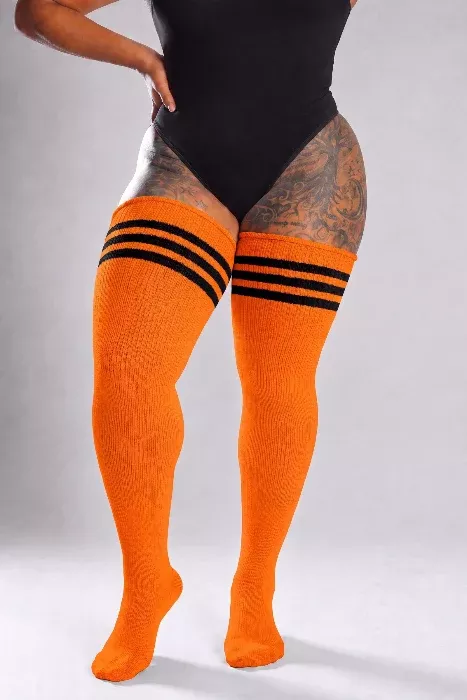 Blaze Mode Orange Striped Thigh High Socks