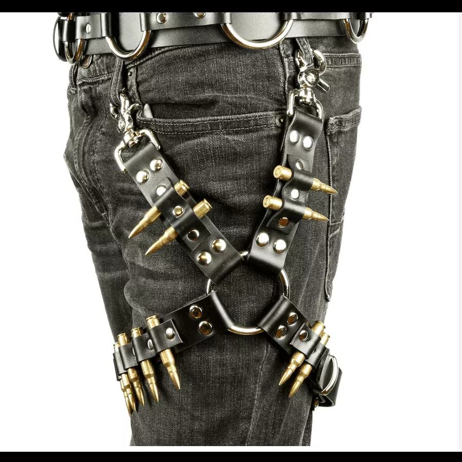 Brass Bullet Black Leather Leg Harness