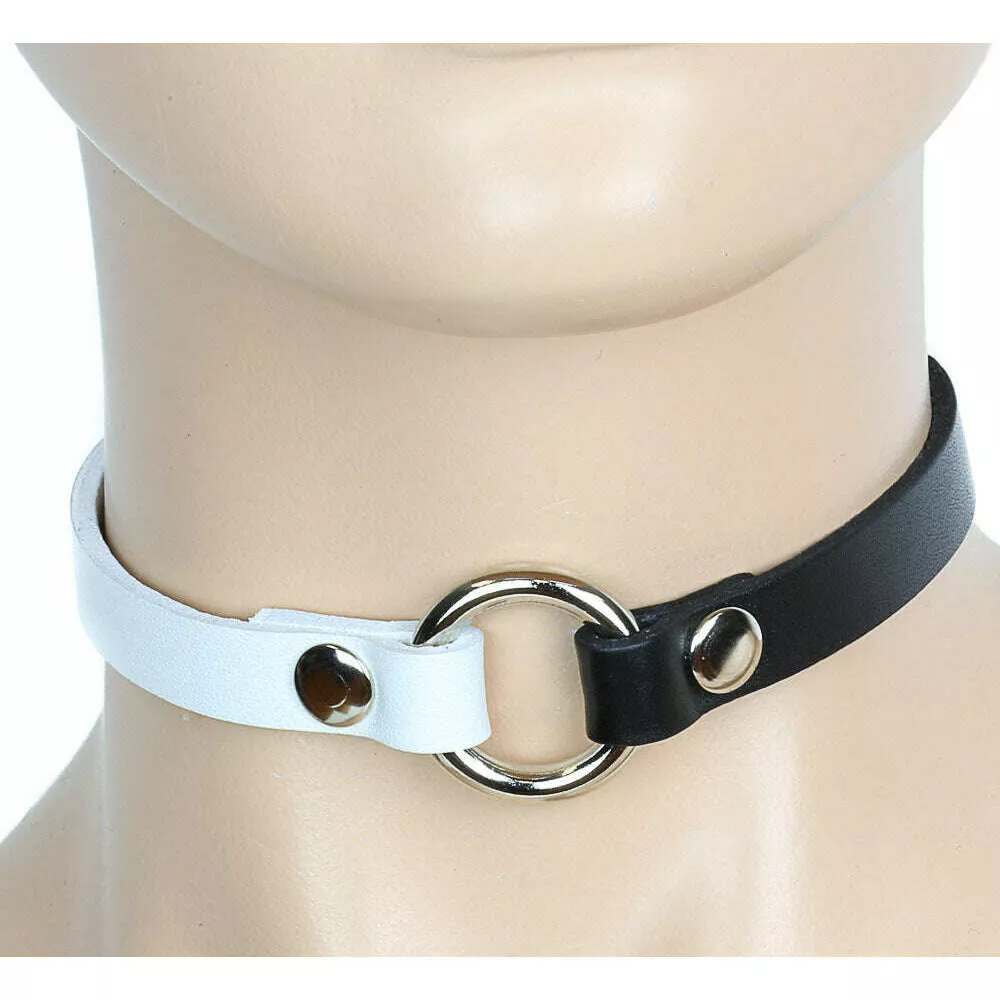 Cruel Black & White Leather Ring Choker