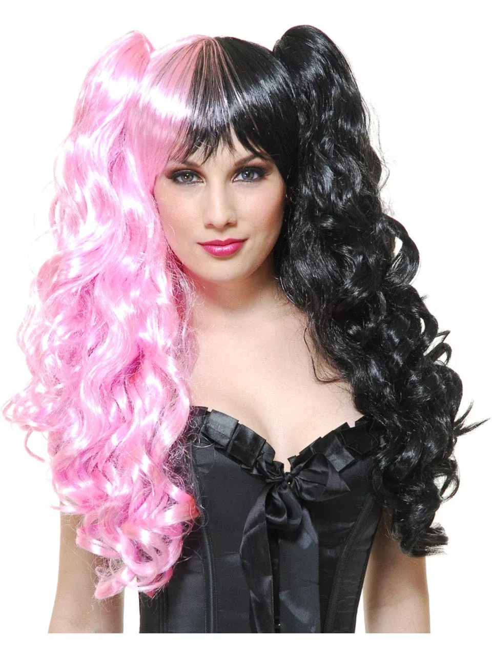 Deluxe Black and Pink Anime Wig with Removable Ponytails