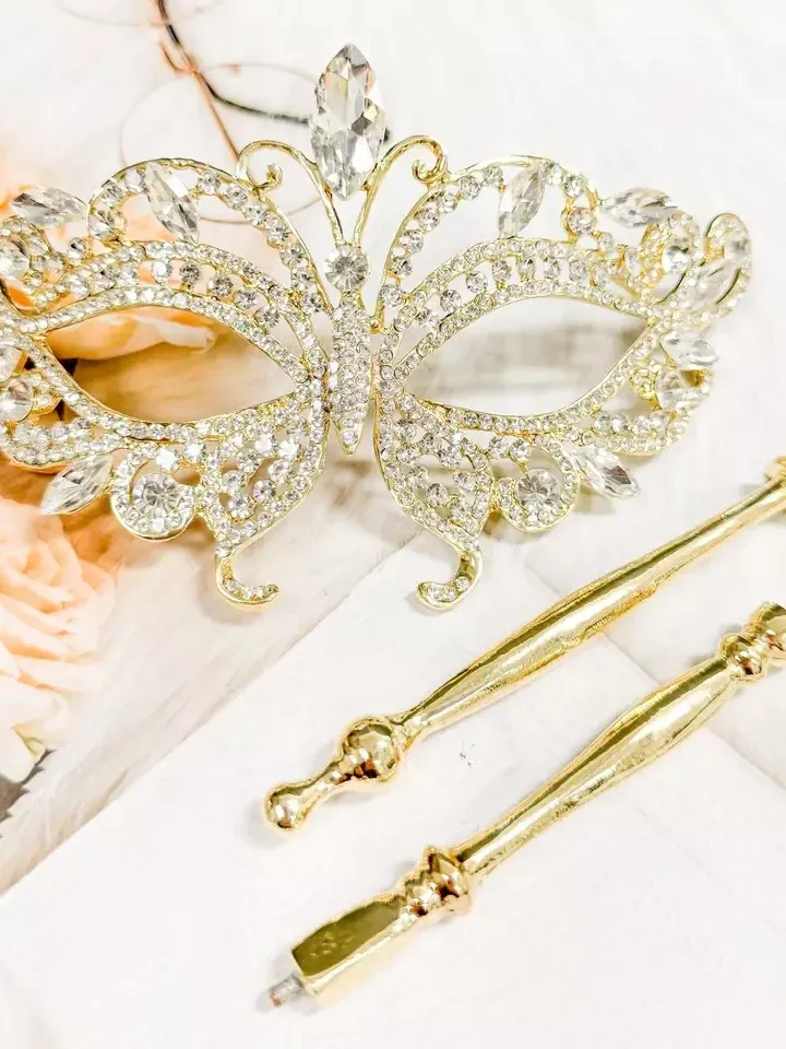 Elegant Crystal Masquerade Mask with Stick Handle