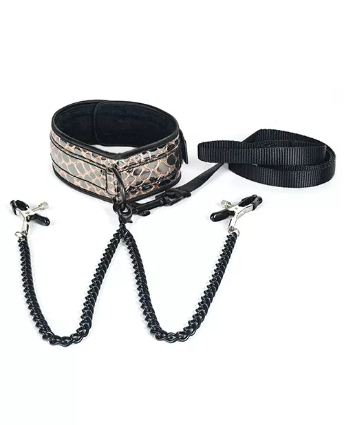 Faux Leather Collar, Leash & Nipple Clamps - Gold
