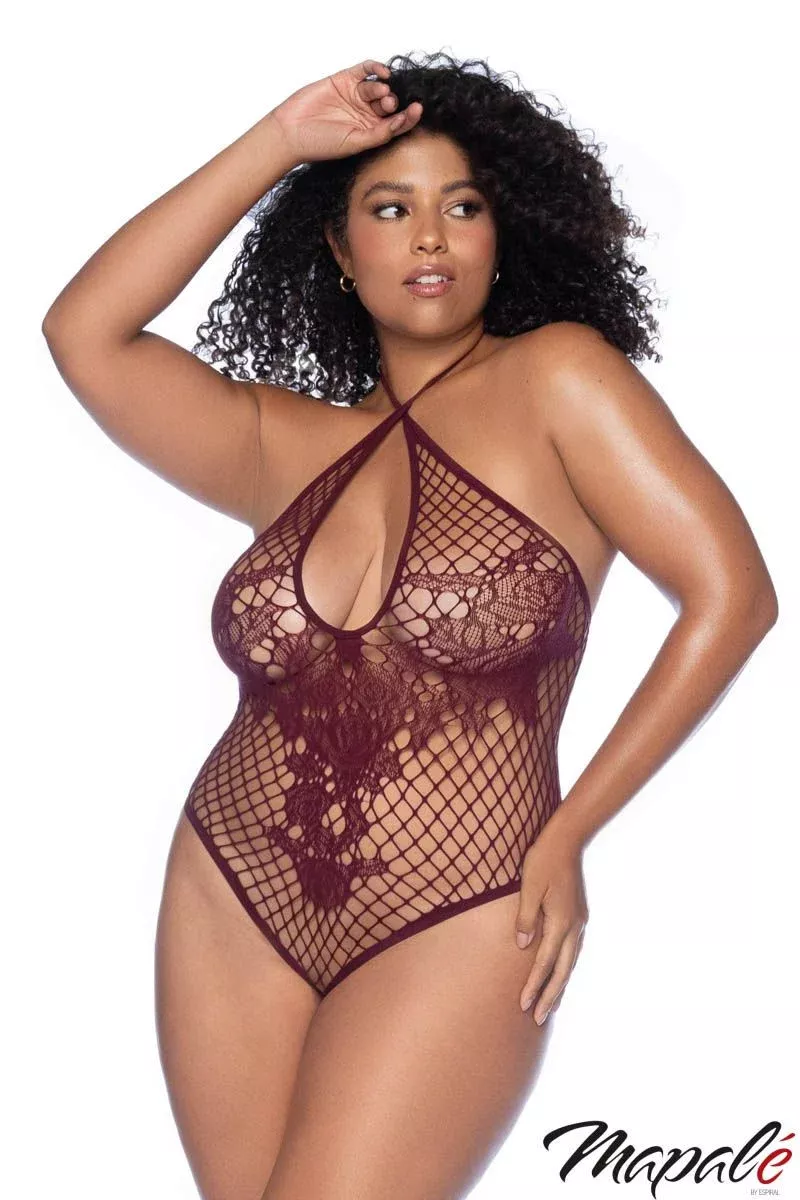 Fishnet Teddy with Floral Lace