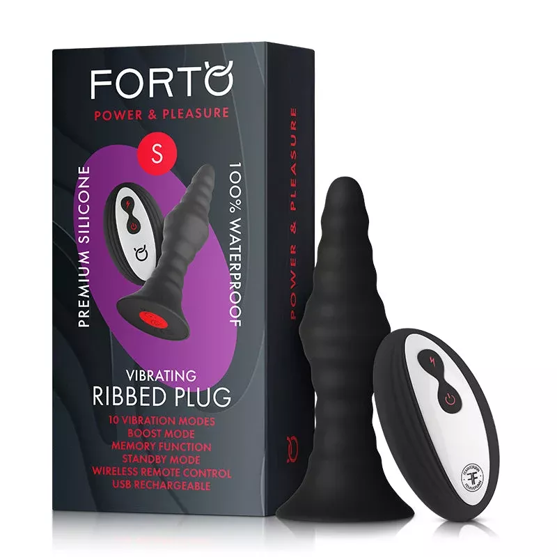 Forto Vibrating Ribbed Plug Rechargeable Remote-Controlled Silicone Anal Plug Black