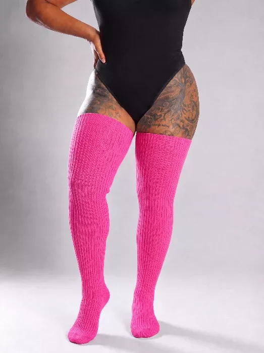Fuchsia Bold Bloom Thigh High Socks