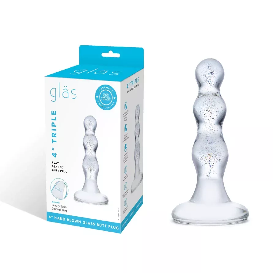 Glas Triple Play Beaded Butt Plug Clear