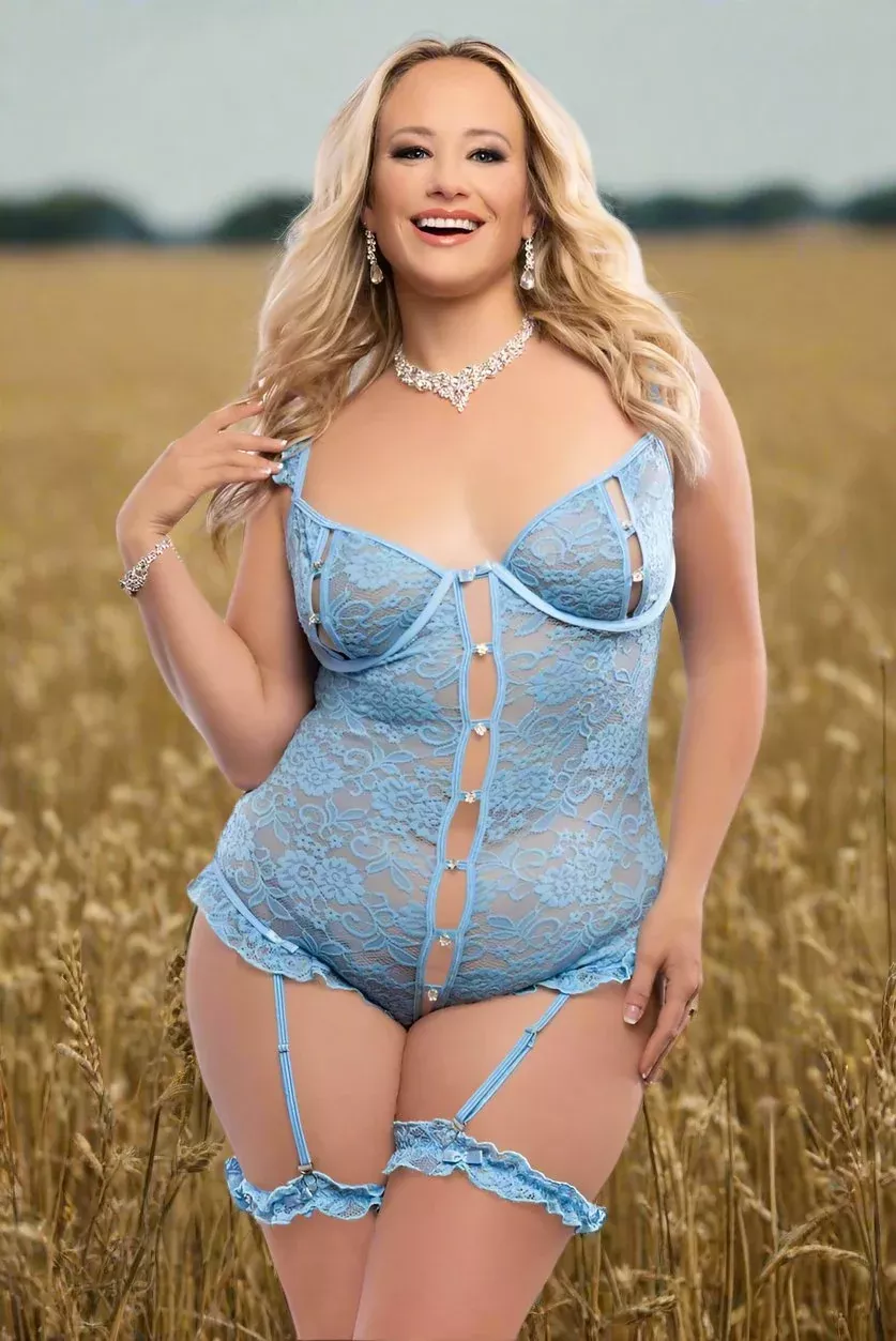 GW-2pc Peek-a-Boo Lace Teddy with Snap Crotch & Garters