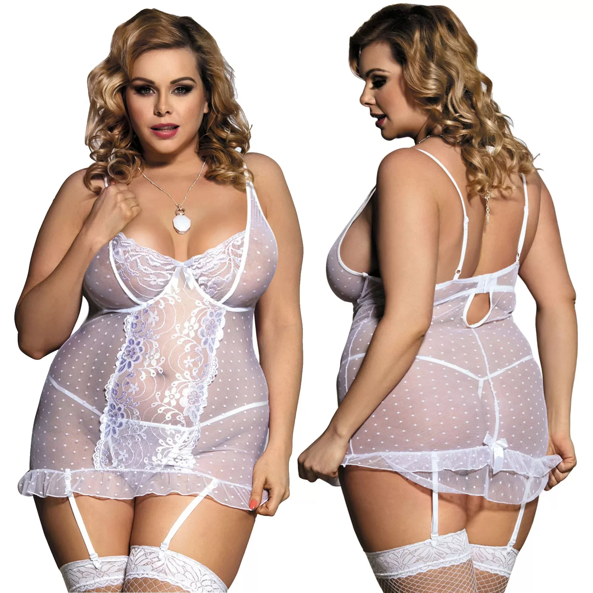 JOY-BS092 – White Sheer Polka Dot Lace Babydoll Lingerie Set