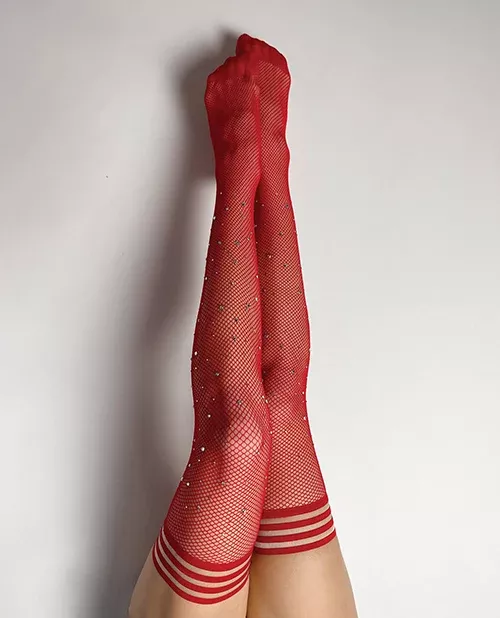 Kix'ies Joely Fishnet Rhinestone Thigh High Red (Size A)