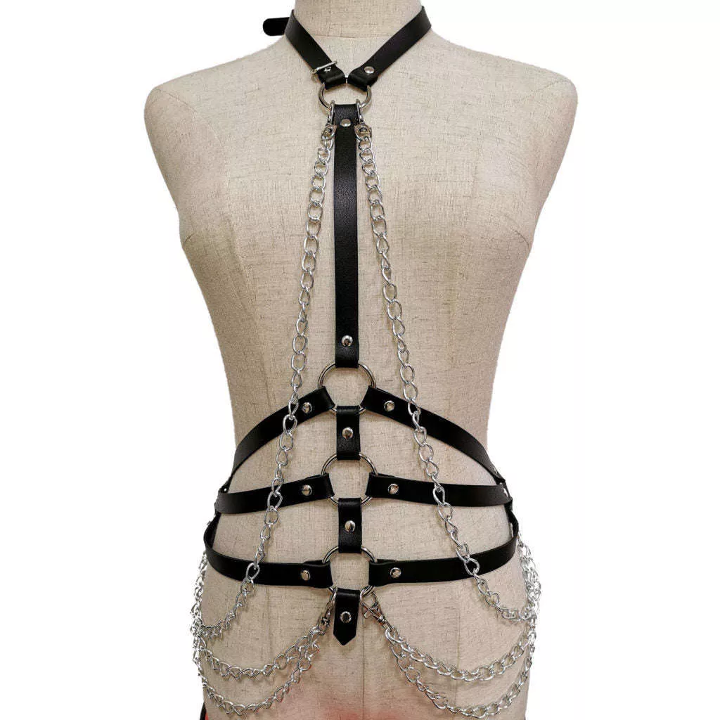 Leather Choker and Waist Harness with Chains