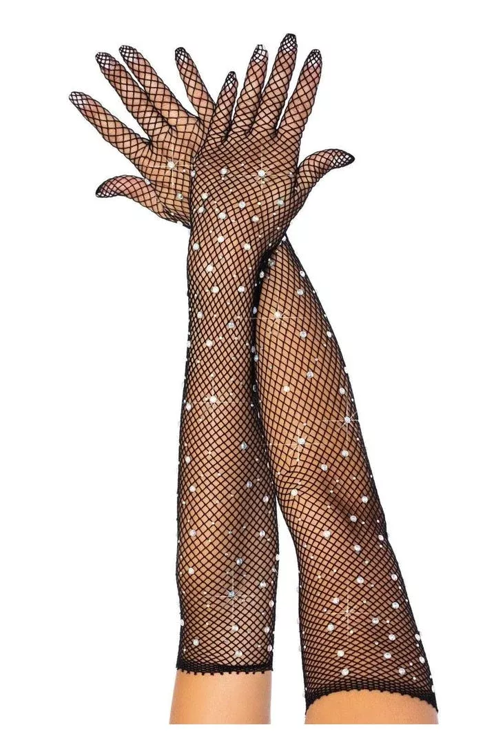 Leg Avenue Bling Ring Rhinestone Fishnet Gloves in One Size