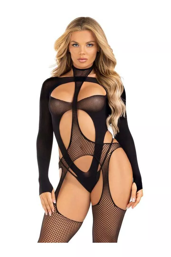 Leg Avenue Cheat Code Suspender Bodystocking and Teddy Set Black in One Size