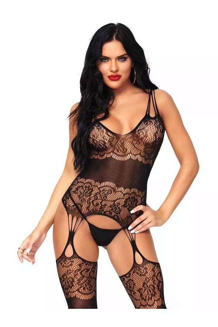Leg Avenue Hard to Get Lace Bodystocking Black in One Size