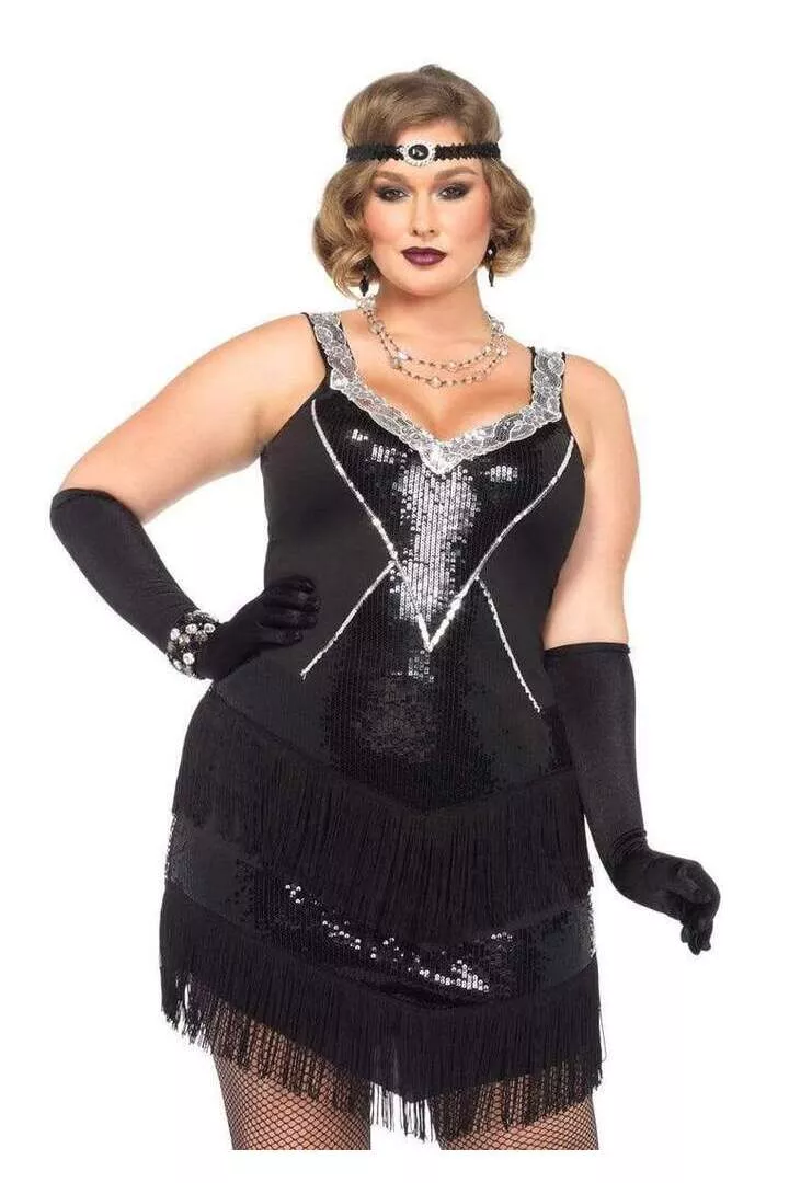 Leg Avenue Plus Glamour Flapper Costume in Black/Silver