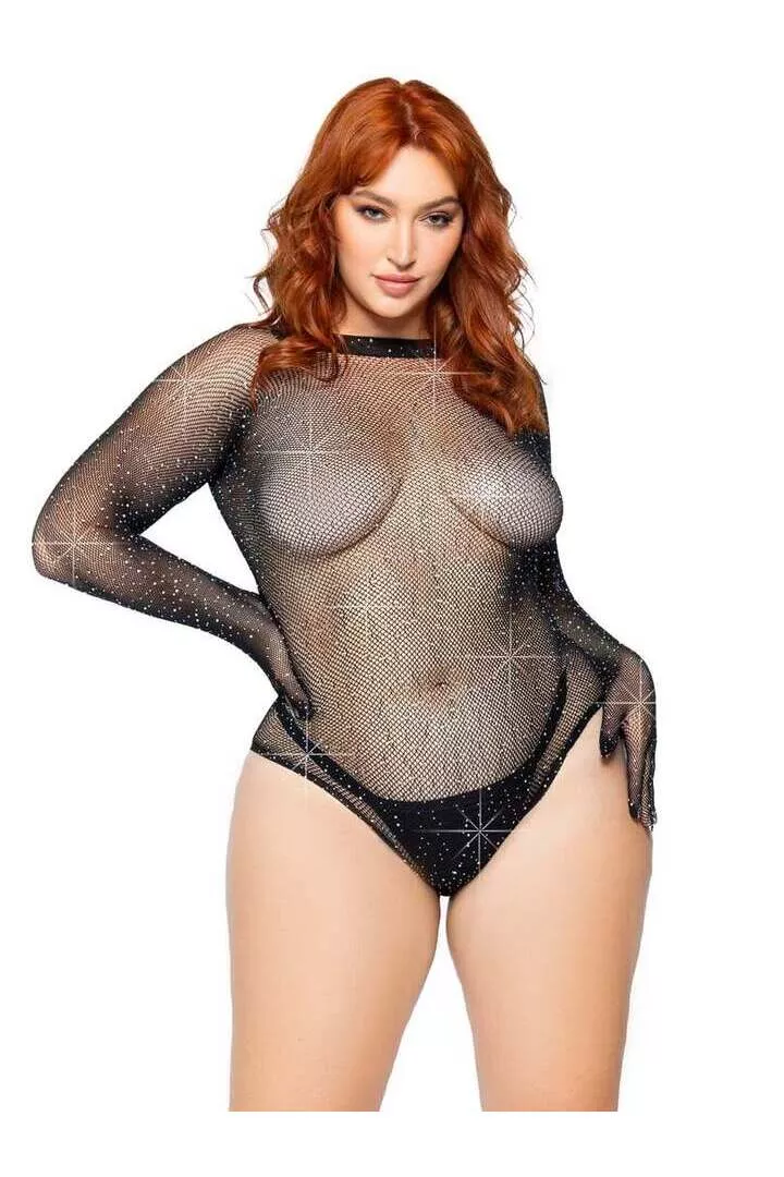 Leg Avenue Risk Factor Plus Gloved Bodysuit Black in 1X/2X