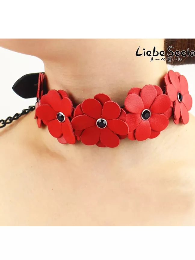 Liebe Seele Leather Flower Collar Red and Black