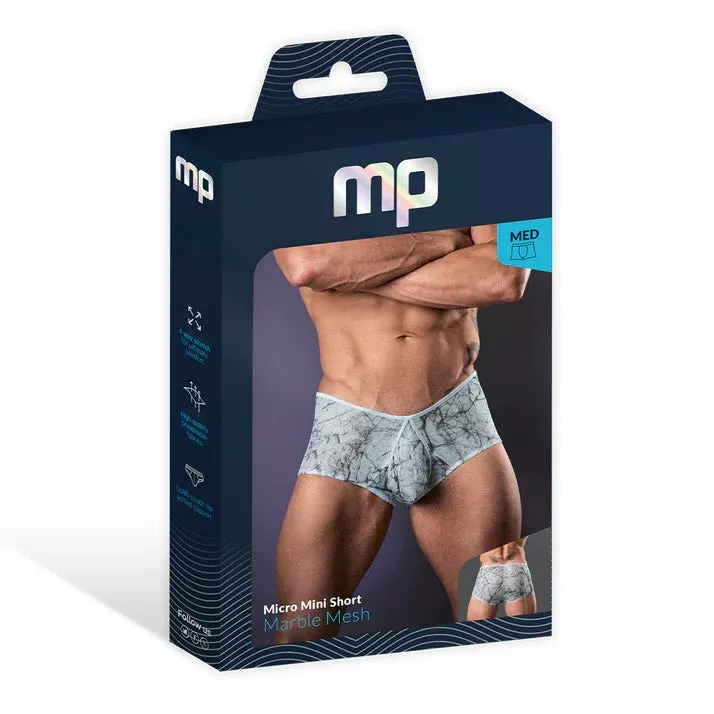 Male Power Marble Mesh Micro Mini Short Silver Blue