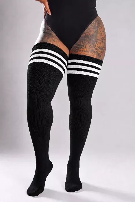 Midnight Marvel with White Stripes Thigh High Socks