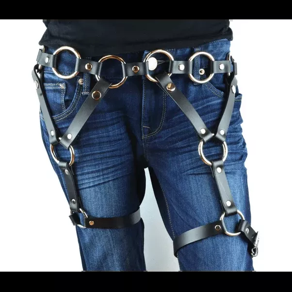 O-Ring Black Leather Belt with Double 2 Ring Leg Harness