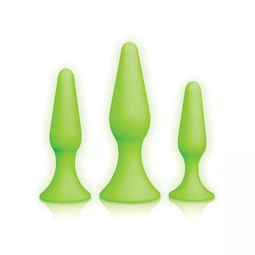 Ouch! Glow in The Dark 3 Piece Silicone Anal Plug Set - Neon Green