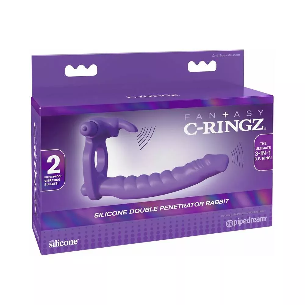 Pipedream Fantasy C-Ringz Double Penetrator Vibrating Rabbit Dual Entry Cockring Purple