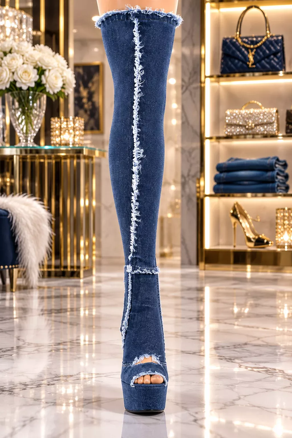 Pleaser Stretch Denim Cutout Thigh High Platform Boot