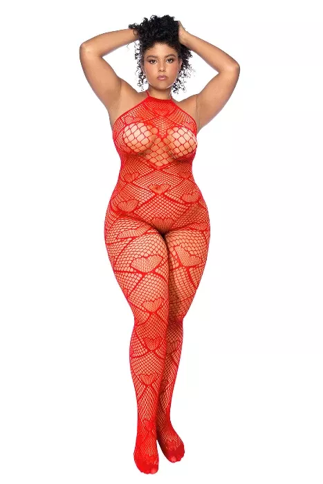 Plus Size Heart Fishnet Bodystocking with Rhinestone Detail