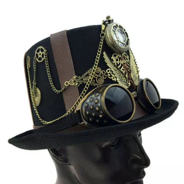 Premium Black Steampunk Hat w/ Attached Goggles, Gears, Chains, and Pocket Watch