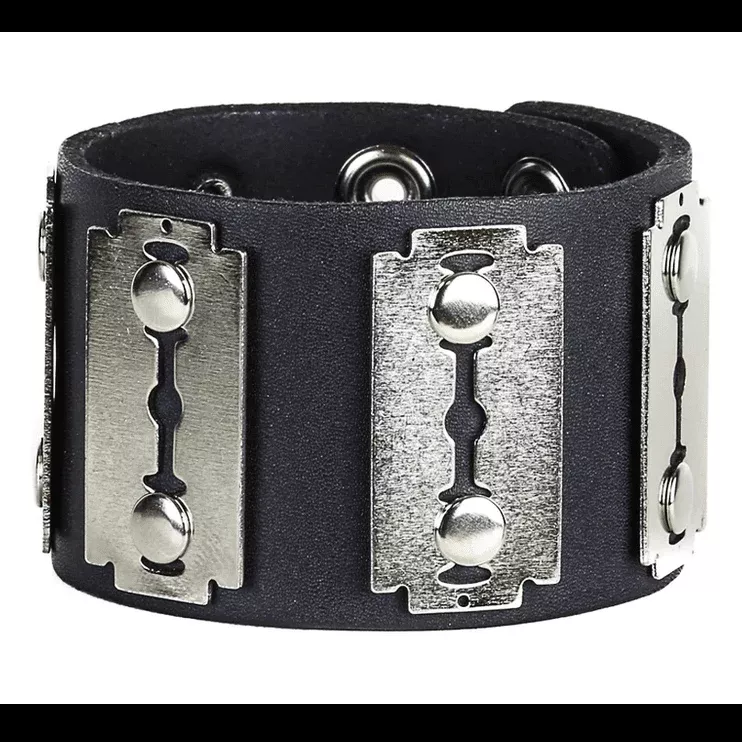 Razorblade Black Leather Snap Bracelet