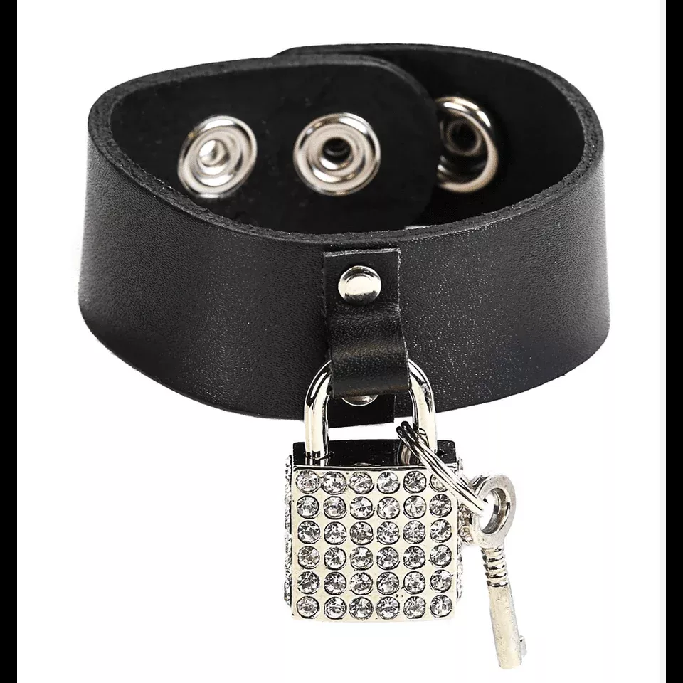 Rhinestone Lock Black Leather Snap Bracelet