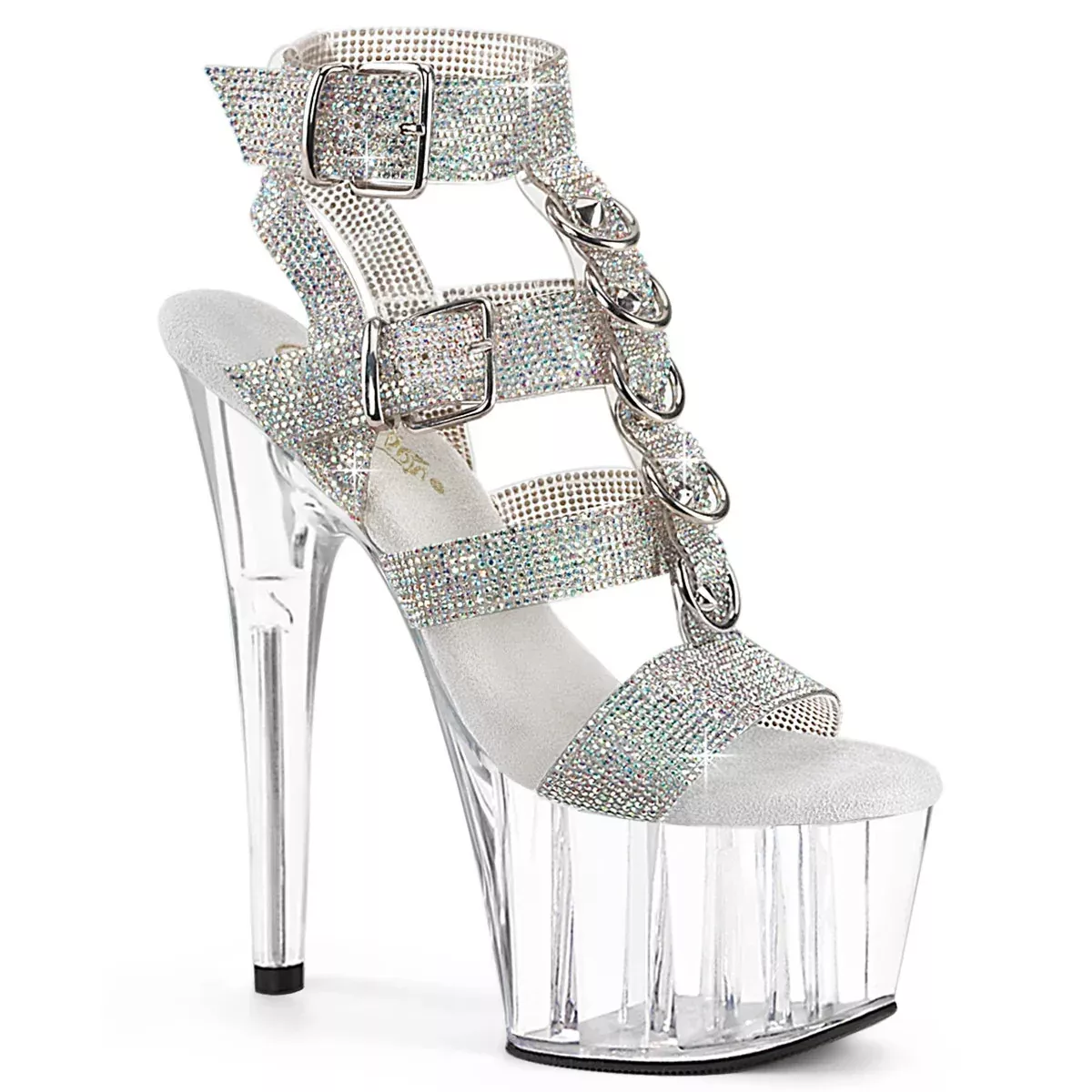 Rhinestone Strappy T-Strap Sandal 7" Heel