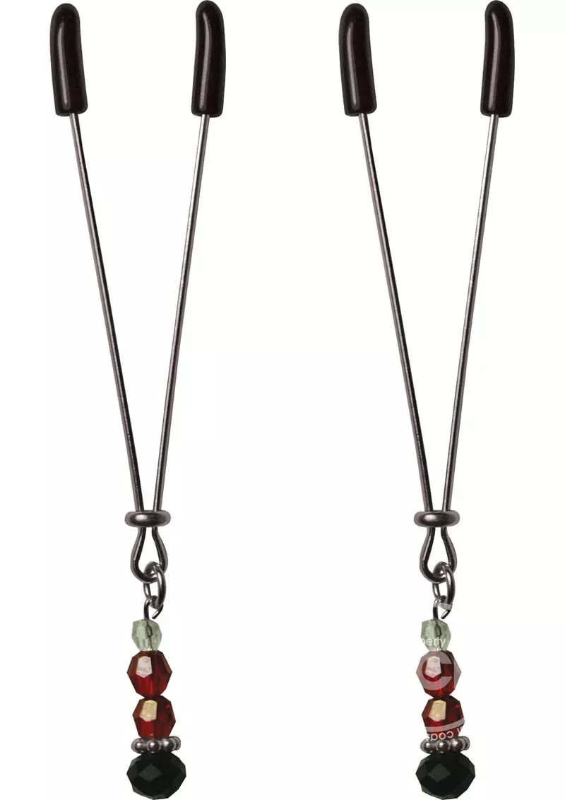 Sex & Mischief | Nipple Clamps | Adjustable Pinchette Clips with Beaded Tassel Ruby Black