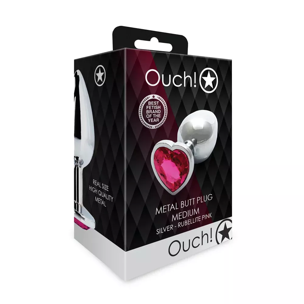 Shots Ouch! Heart Gem Butt Plug Medium Silver/Rubellite Pink
