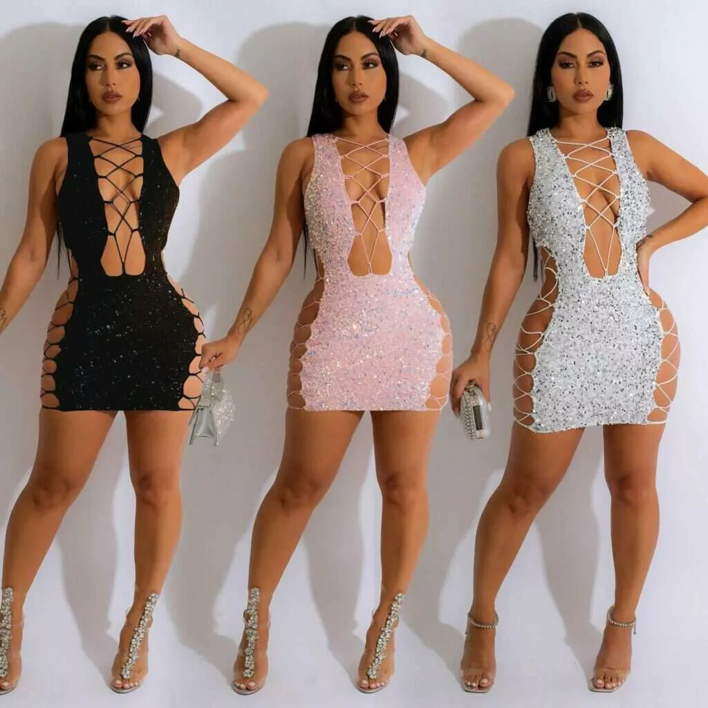 Sparkly Low Cutout Laced Dress