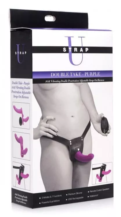 Strap-U Double Take 10X Vibrating Dp Strap-On - Purple