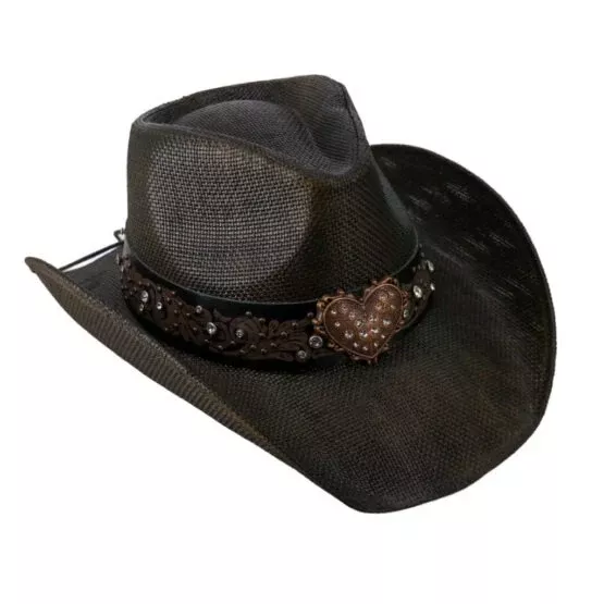 Straw Western Cowboy Hat with Heart Band