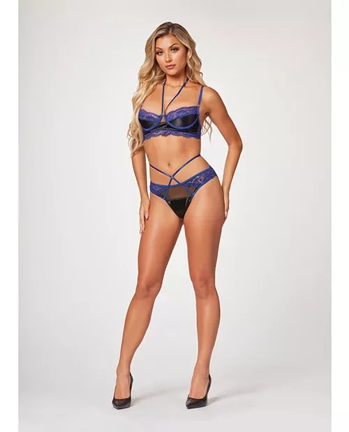 Stretch Satin & Lace Bra & Panty Set Black/Blue Medium