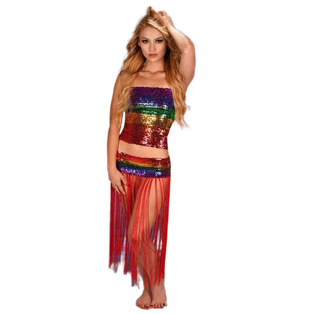 Stretchy Rainbow Sequin Fringe Belt