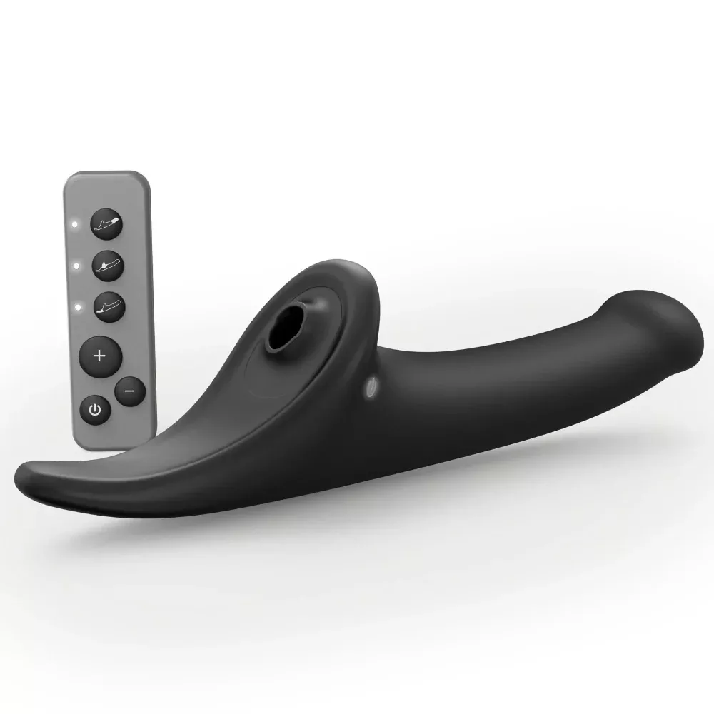 Vibrating Triple Stimulating Multi Orgasm Air Pulse Strap On Dildo - Black