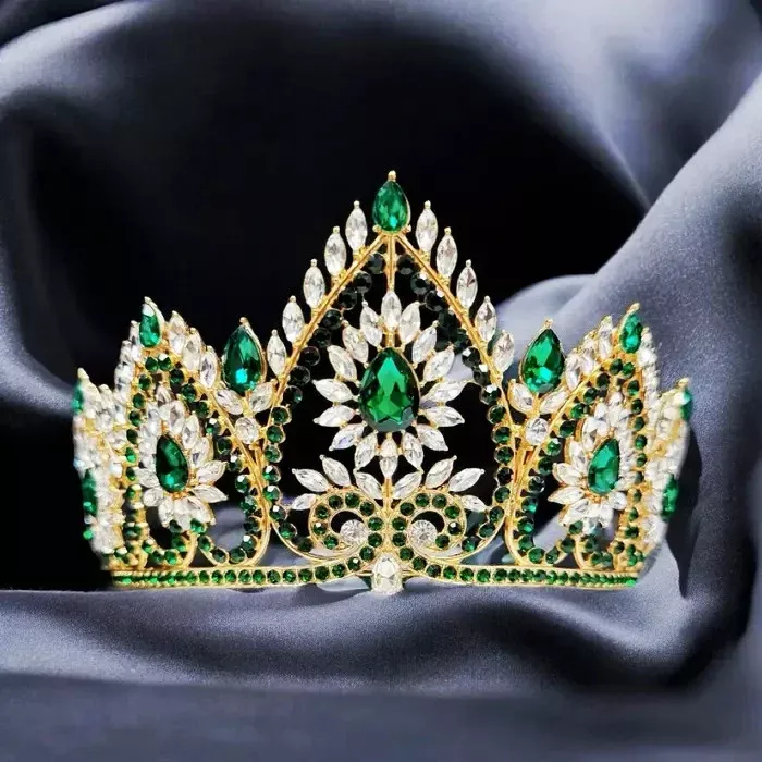 Victorian Elegant Gold Crown with Clear and Green Gems