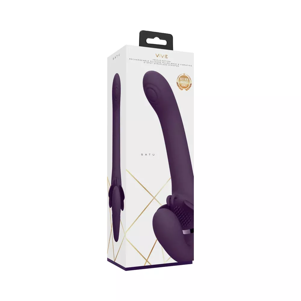 VIVE SATU Rechargeable Triple Motor Pulse-Wave Vibrating Silicone Strapless Strap-On Purple