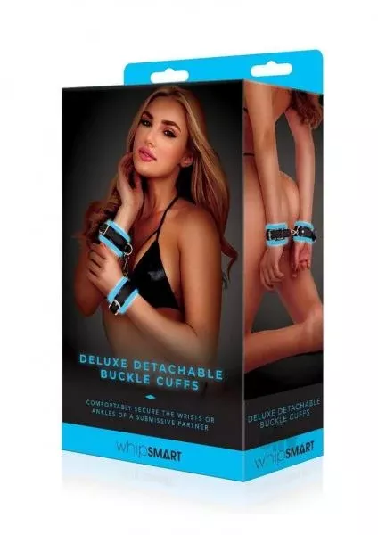 Whipsmart Gitd Deluxe Blue Buckle Cuffs for Bondage Play - Lightly Padded, Adjustable with D-Rings