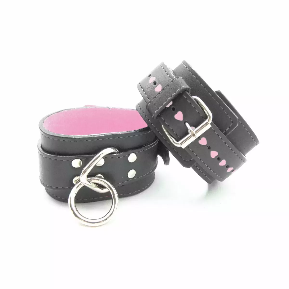 Wrist Cuffs Black Leather w/ Pink Fur